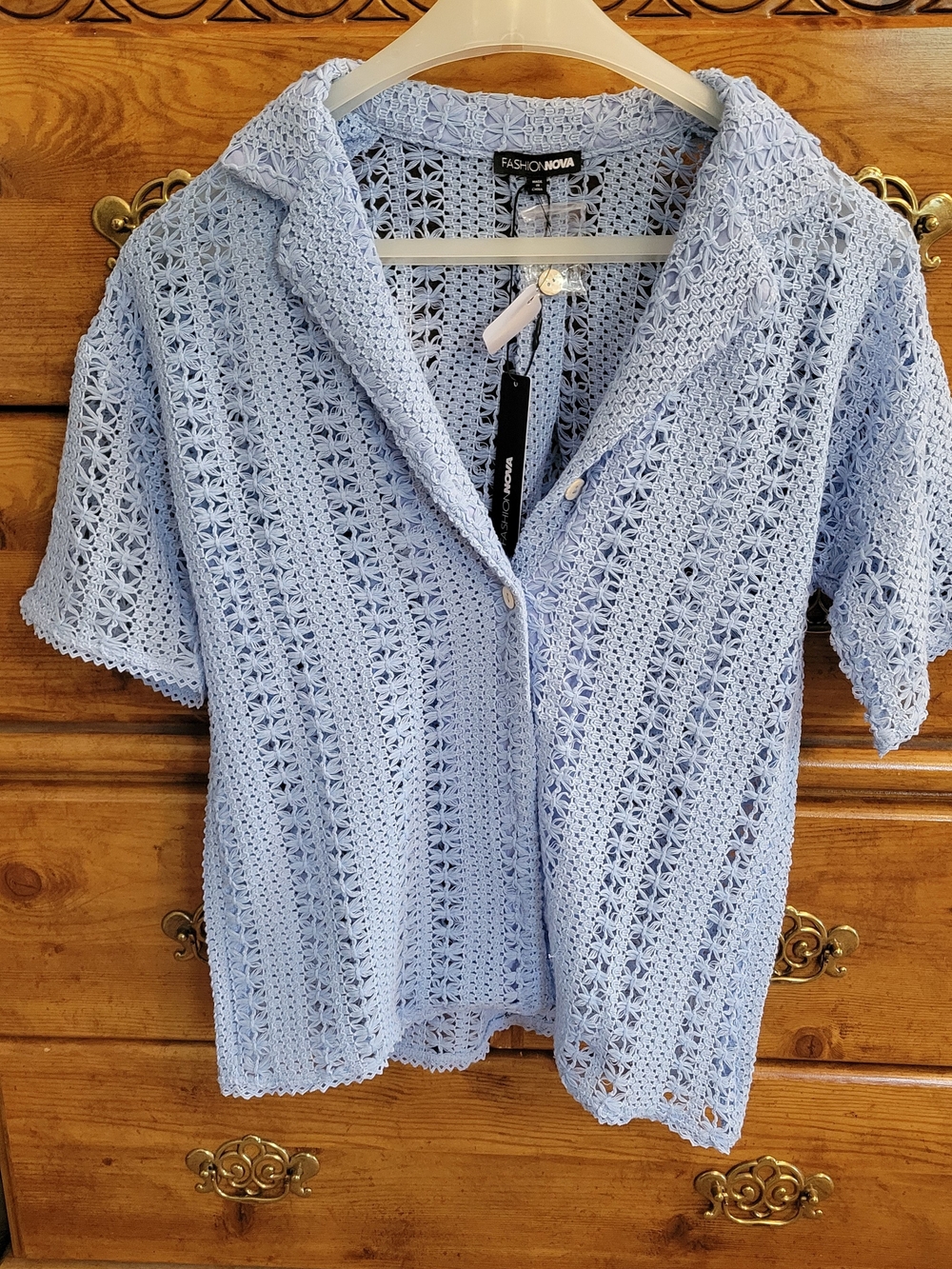 Fashion Nova Light Blue Crochet Button-Front Sweater